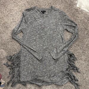 I Heart Ronson Gray Marled Fringe-Side Long Sleeve Top